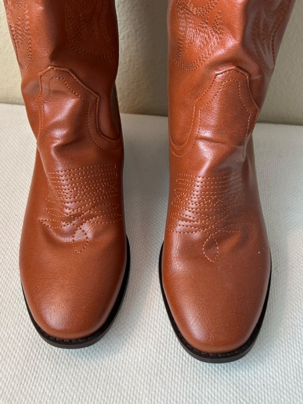 Cowboy Boot Tall Brown White Hearts Inlay Pull Strap Wide Calf Heel 1.5" 38/7.5 - Picture 5 of 14